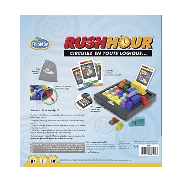 ThinkFun - Rush Hour - Jeu de logique - Casse-tête - Embouteillage - 40 défis 4 niveaux - 1 Joueur ou plus - dès 8 ans - Rave