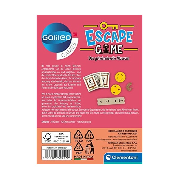 Clementoni 59227 Escape Game - Le musée mystérieux, jeu de société passionnant pour cocher et énigmes, jeu familial pour Noël