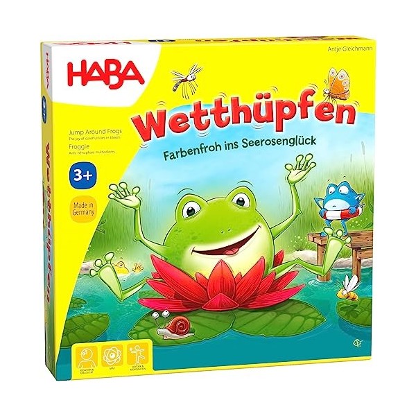 HABA 305272 Jump Around Frogs A Colourful Dice and Hopping Game! Whose Water Lily Will Bloom ﬁrst? for 2-4 Players, Aged 3-7 