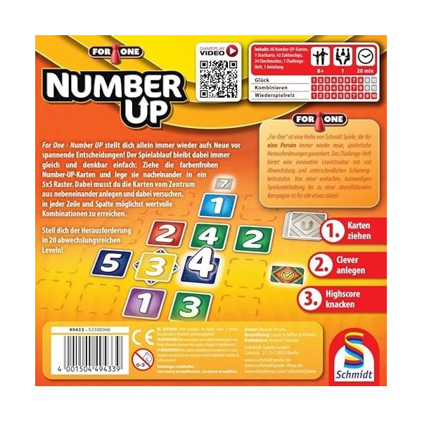 Schmidt Spiele 49433 for One, Number UP, Jeu Familial, Multicolore