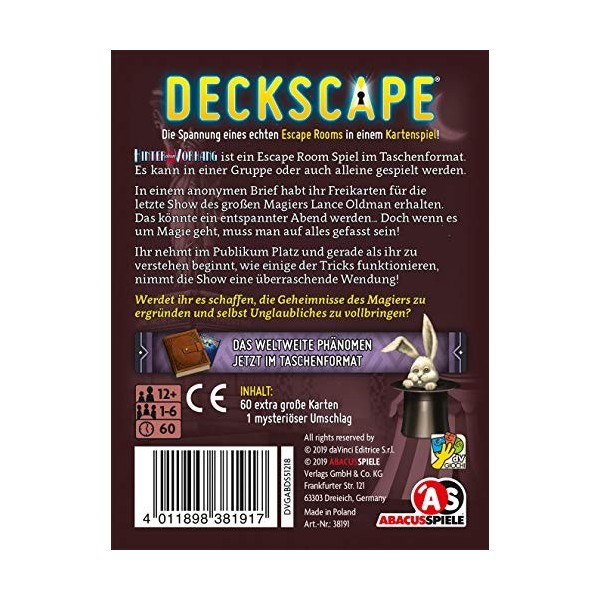 ABACUSSPIELE 38191 - Deckscape - Derrière Le Rideau, Escape Room, Jeu de Cartes