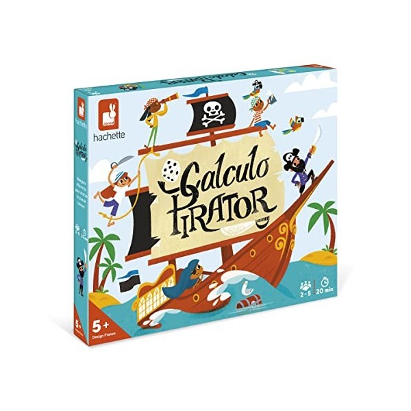 Janod - Calculo Pirator - Jeu de Société Enfant - Jeu de Calcul Mental - 1 Plateau + 40 Jetons + 5 Dés + 1 Pion + 1 Sac - Dès