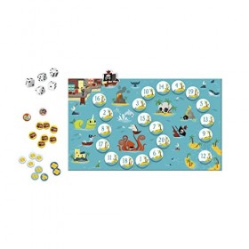 Janod - Calculo Pirator - Jeu de Société Enfant - Jeu de Calcul Mental - 1 Plateau + 40 Jetons + 5 Dés + 1 Pion + 1 Sac - Dès