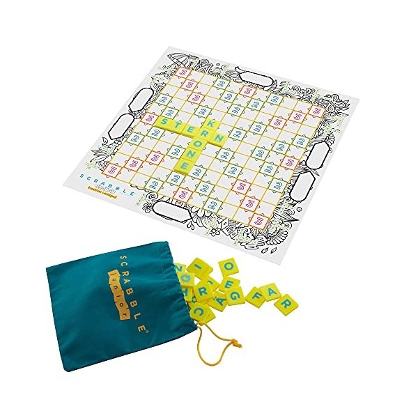 Mattel Games HCK86 Junior Kids Scrabble, Jeu de Mots croisés, avec 2 Niveaux de Jeu, 6 Mini Jeux et Autocollants pour Une déc
