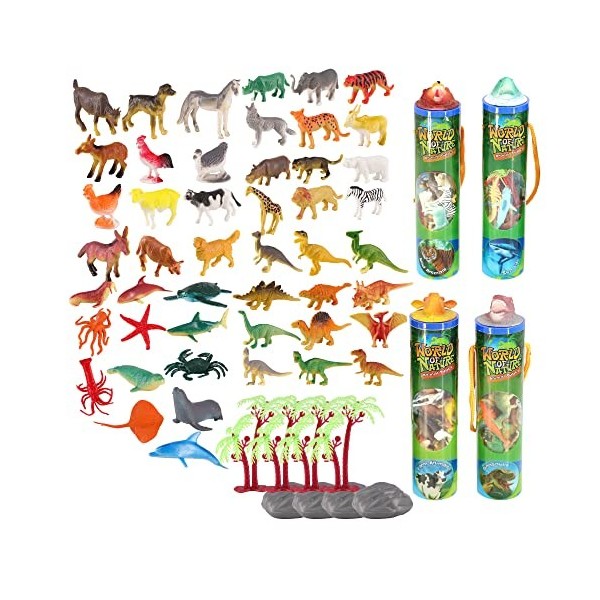 Lot de 56 figurines danimaux, 4 tubes assortis de dinosaures, vie marine, ferme et animaux sauvages, ensemble de jeu réalist