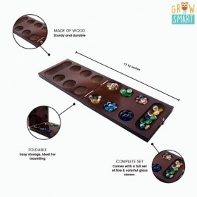 GrowUpSmart Jeu de Plateau Mancala sur Plateau en Bois Foncé, Pliable + Belles Perles en Verre Multicolores - Jeu de Stratégi