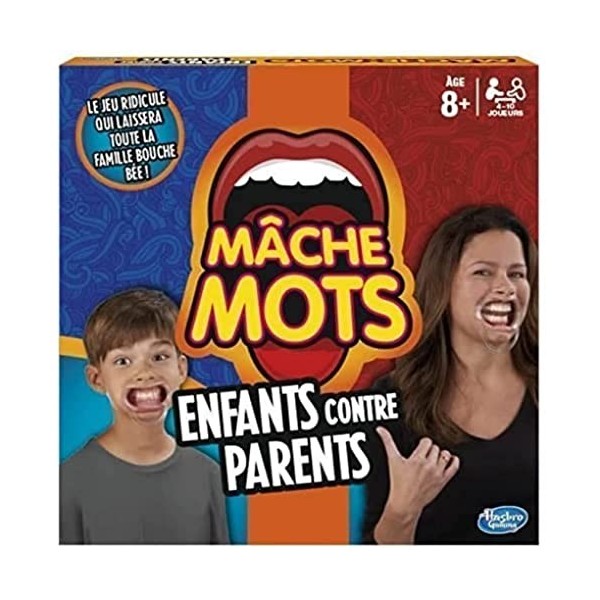 Hasbro Mâche-Mots - Jeu de Societe Mâche-Mots Enfants Contre Parents - Jeu Drole de rapidité - Version française, Multicolore