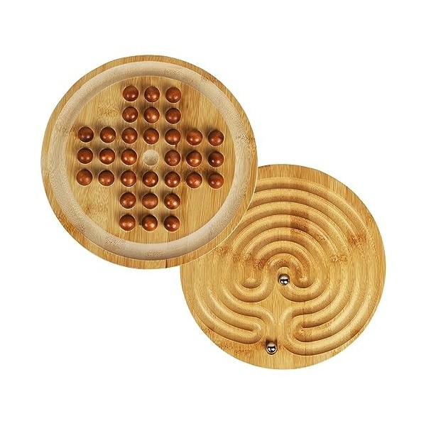 TOWO Jeu de solitaire et labyrinthe en bois 2 en 1 - Jeu de société classique à un joueur - 25 cm - Jeu déquilibre et de str