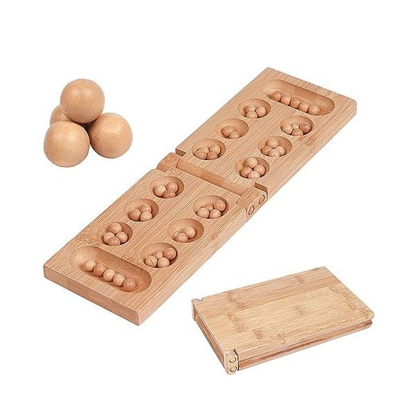 Ensemble de Jeu de Mancala Pliant en Bois avec Plateau de Jeu Mancala et Pierres de Verre colorées, Jeu de société Familial C