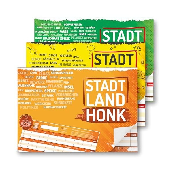 Stadt Land Honk® Lot de 3 jeux de société La ville et la rivière - 50 feuilles pour une expérience de jeu extra longue - Bloc