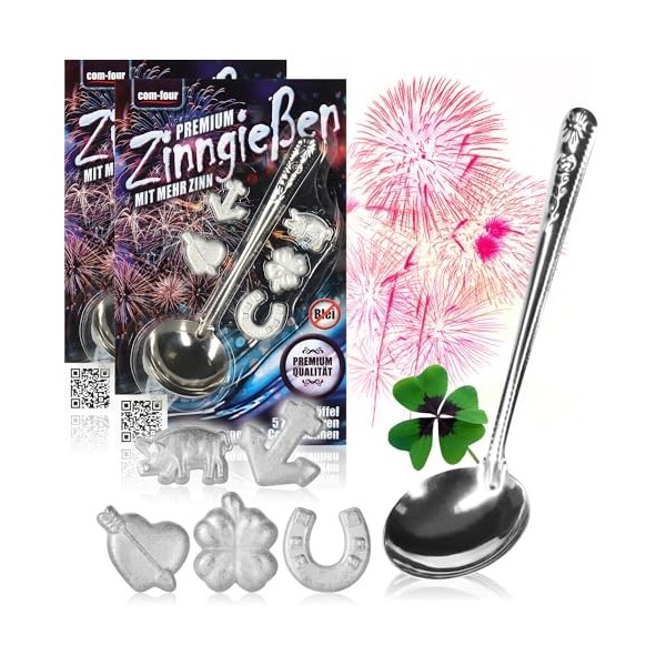 COM-FOUR® 2x premium pewter casting avec 10 figurines extra lourdes et 2 cuillères, New Years Eve casting the party game la