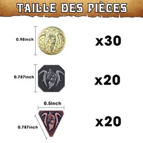 Byhoo 60 pièces en métal doré, argenté et cuivré Donjons et Dragons avec Pochette en Cuir, Fausses pièces fantastiques pour J
