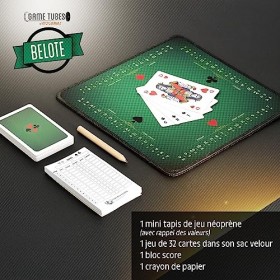 WOGAMAT Game Tubes® Belote, avec Tapis de Jeu néoprène + Jeu de 32 Cartes + Bloc Score + Crayon - Les Kits Deluxe de Grands C