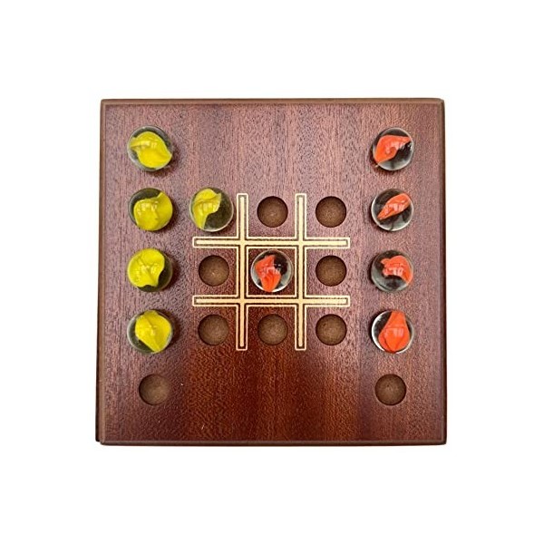 Noughts and Crosses Jeu de marbre avec plateau en bois | Jeu de stratégie Tic Tac Toe | Comprend 10 billes en verre et une pl