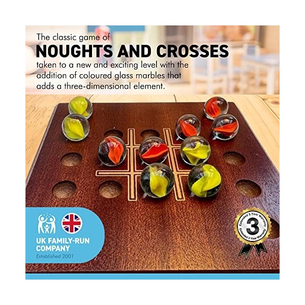 Noughts and Crosses Jeu de marbre avec plateau en bois | Jeu de stratégie Tic Tac Toe | Comprend 10 billes en verre et une pl