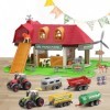 Grange de la ferme avec tracteur, grange rouge, 2 tracteurs et 4 remorques avec animaux de la ferme - enfants de plus de 3 an