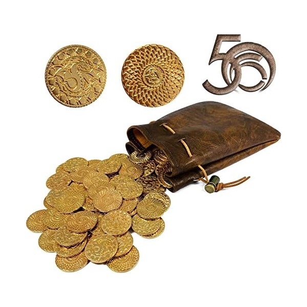 Byhoo Lot de 50 pièces d’Or en métal Donjons et Dragons et Une Pochette en Cuir, Accessoire Fantastique, rétro et médiéval po