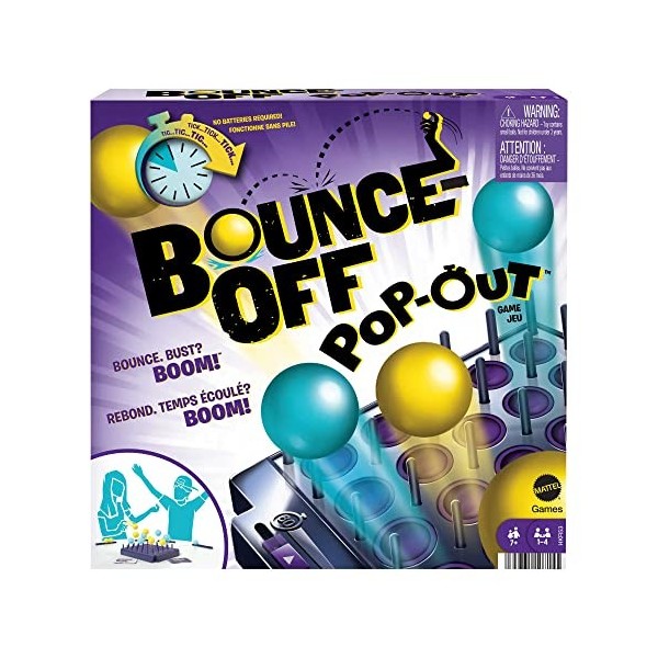 Mattel Games Bounce-Off Chrono Challenge, Jeu d’ambiance avec 16 balles, 20 cartes défis, un plateau de jeu et un minuteur, J