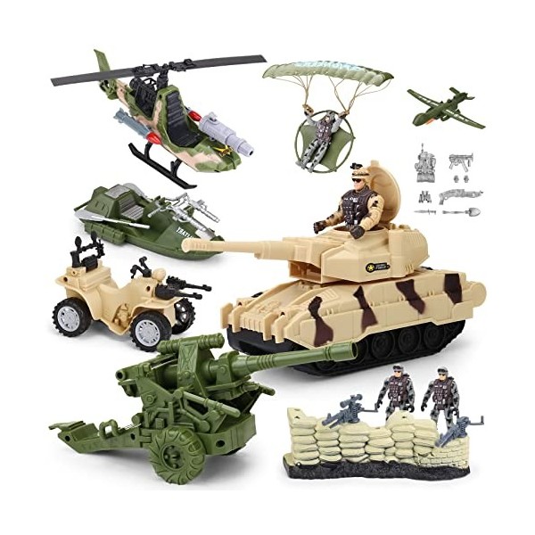 deAO Jouets De Combat Militaires,Soldats Militaires Jouets,avec 4 Figurines De Soldats Et 6 Modèles De Véhicules Militaires,K