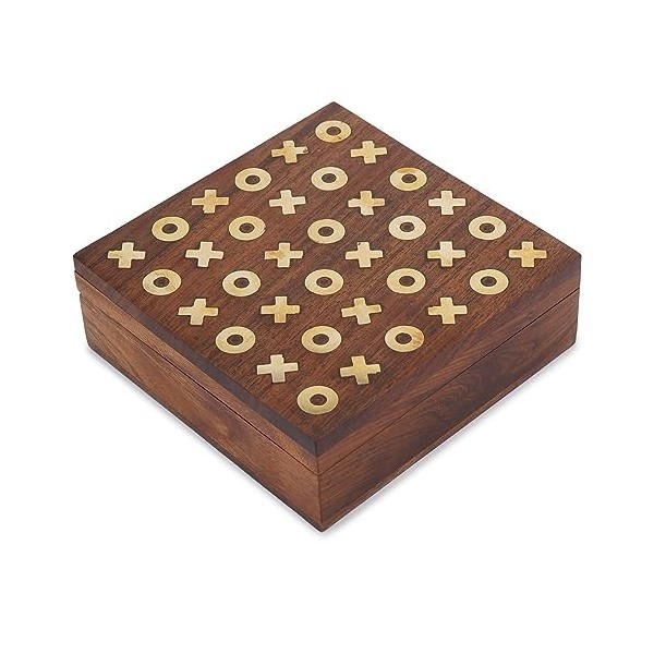 Ajuny Boîte de Rangement en Bois Faite à la Main avec Incrustation en Laiton Jeu de société Tic Tac Toe en Bois avec Incrusta