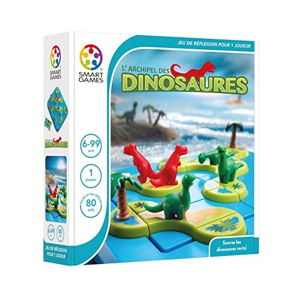 SmartGames - LArchipel des Dinosaures - Jeu de Réflexion - Reconstituez les îles et sauvez les dinosaures verts - 80 Défis d