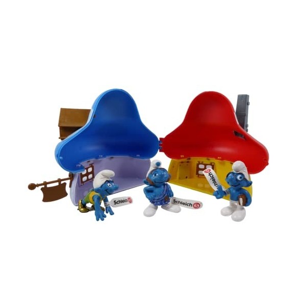 OPO 10 - La Maison Multicolore Bleue et Rouge des Schtroumpf + 3 Figurines : Le Coureur sprinteur + l écossais en Kilt + l
