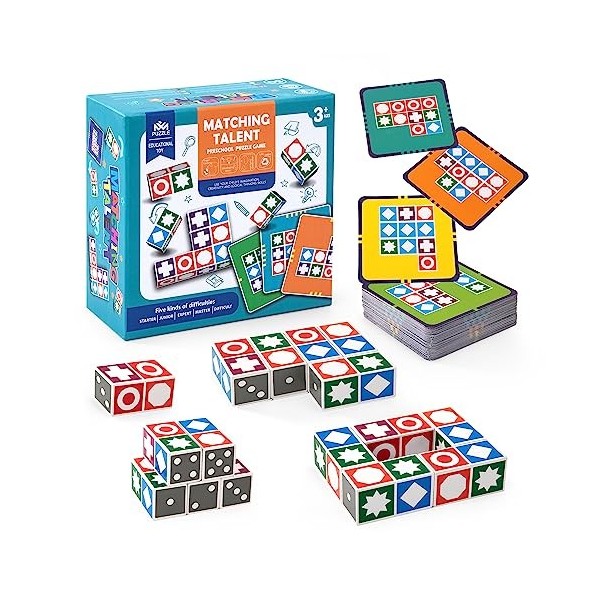 Bois Matching Block Puzzles, Jeu DAssociation de Formes avec 20 Cubes 60 Cartes, Shape Matching Game Jeu de Société Montesso