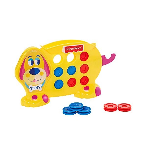 Fisher-Price Tic Tac Tony, jeu de société et de morpion en forme de chien avec queue catapulte, 2 à 4 joueurs, pour enfants à