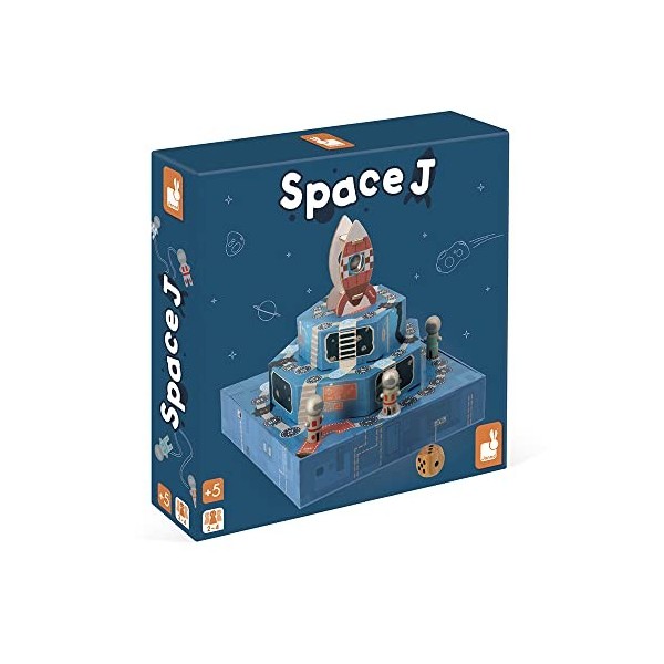 Janod - Space J - Jeu de Société Enfant - Thème Espace - Jeu de Plateau 3D Bois et Carton - 2 à 4 Joueurs - Certifié FSC - Dè