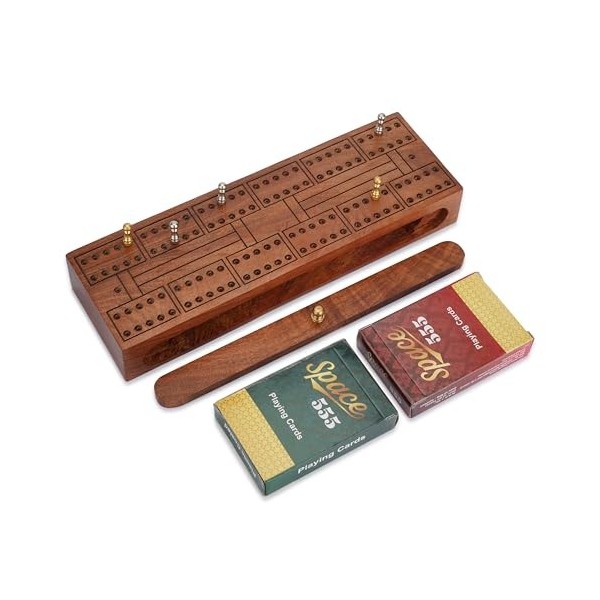 Ajuny Jeu de plateau de cribbage traditionnel en bois, jeu de table classique avec 6 pinces métalliques et 2 jeux de cartes a