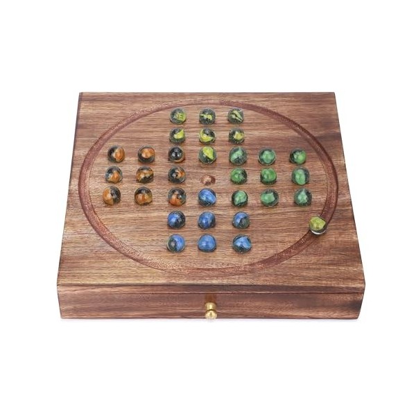 Ajuny Jeu de cartes solitaire en bois fait à la main de 25,4 cm avec tiroir de rangement | 33 Marbles en 4 couleurs | Style v