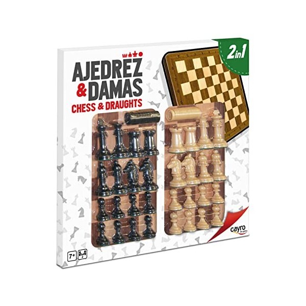 Cayro - Échecs et Dames - + 5 Ans - Plateau en Bois - Double Jeu Classique de Table - Enfants et Adultes - avec 48 Pièces en 