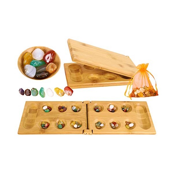 TOWO Mancala Jeu de société avec Galets de Pierre - Kalaha Jeu de société avec Plateau Pliable en Bois-Jeux de société pour l