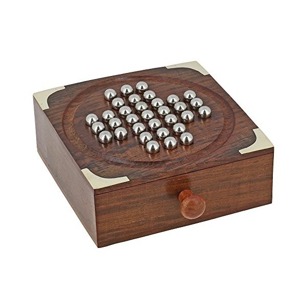 Ajuny Jeu de société dintérieur Solitaire Classique en Bois Fait à la Main avec des Billes dacier Meilleurs Cadeaux pour la