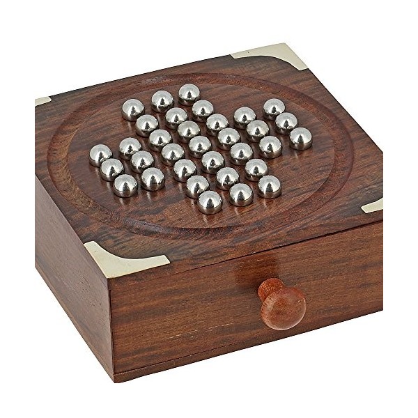 Ajuny Jeu de société dintérieur Solitaire Classique en Bois Fait à la Main avec des Billes dacier Meilleurs Cadeaux pour la