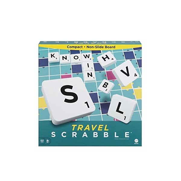 Scrabble Travel Game, Portable and Compact, 2-4 Players, Includes Playing Board, 4 Racks, 100 Letter Tiles, a Tile Bag, and R