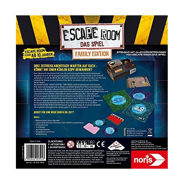 noris- Escape Room Time Travel édition Jeu de société Familial pour Adultes et Enfants avec 3 Cas et décodeur Chrono à parti