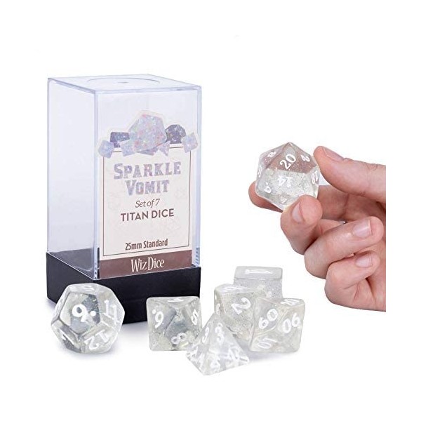 Titan Dé : Sparkle Vomit – Ensemble géant de 7 pièces en polyèdre de 25 mm – Pièces de jeu de couleur blanche pailletée avec 