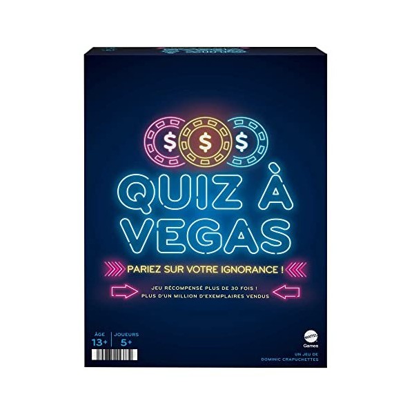 Mattel Games Quiz À Vegas, Jeu De Culture Générale avec Cartes De Questions, Jetons De Poker Et De Pari, Min. 5 Joueurs, Vers