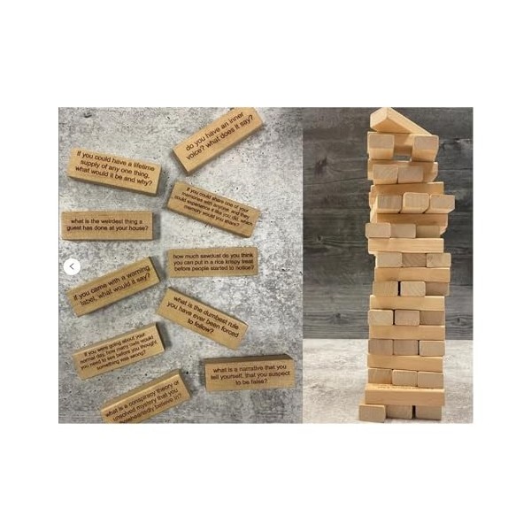 BAMNA Stacking Party Game 54 Pieces Questions Tumbling Tower Game,Practice Stacking Skills, Building The Tower and Trying Not