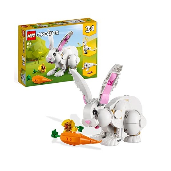 LEGO Creator 3-en-1 31133 Le Lapin Blanc, Jouet avec Animaux, Dont Figurines de Poisson, Phoque et Perroquet, Construction po