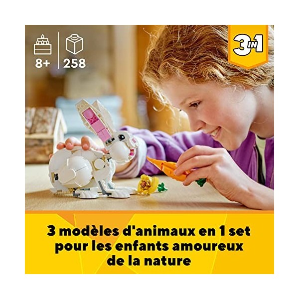 LEGO Creator 3-en-1 31133 Le Lapin Blanc, Jouet avec Animaux, Dont Figurines de Poisson, Phoque et Perroquet, Construction po
