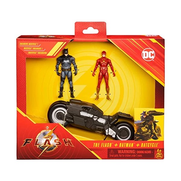 DC COMICS THE FLASH - Pack Batcycle + 2 Figurines 10 Cm - Véhicule + Figurines Articulées - Revivez Les Aventures des Super H