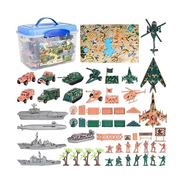 deAO Set Militaire de 56 Accessoires avec Carte, Figurines de Soldats, véhicules Militaires, Avions et Accessoires de Combat 