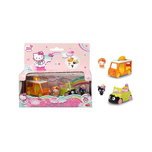 Dickie Toys Hello Kitty Orange + Chocolat Ice Cream Lot de 2 Véhicules et Figurines en Fonte dAluminium Figurines Amovibles 