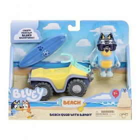 Bluey Pack Véhicule et Figurines Beach Quad avec Bandit avec Figurine 2,5-3 Pouces et Accessoire Planche de Surf