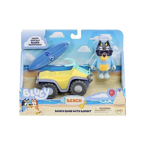 Bluey Pack Véhicule et Figurines Beach Quad avec Bandit avec Figurine 2,5-3 Pouces et Accessoire Planche de Surf