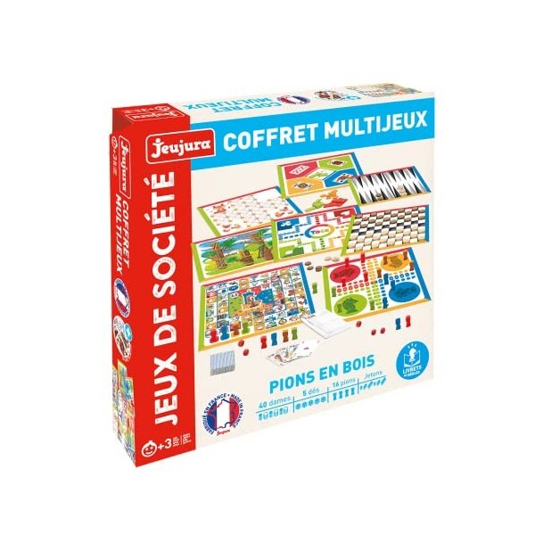 Jeujura- Boîte de Many Jeux JEUJURA-8457-COFFRET MULTIJEUX DE Societe-PIONS en Bois-pour Partager en Famille ou Entre Amis 