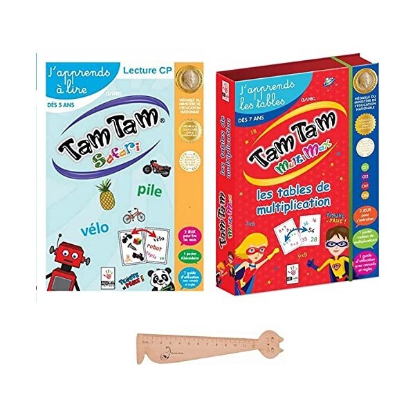 Lot Tam Tam Mix Max : La Ferme + Tam Tam Safari Les Syllabes Simples Version Française + 1 Règle Marque Page en Bois Blumie 