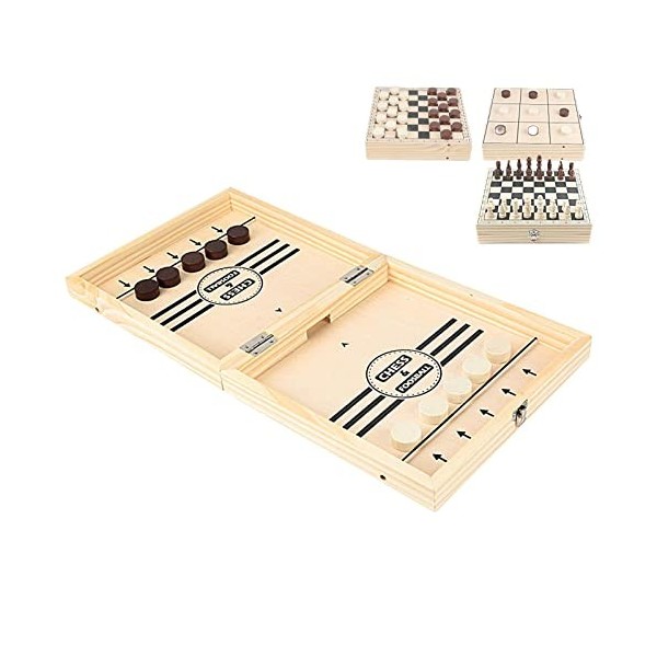 Peegsan Dames,4-en-1 Wood Sling Puck Chess Checkers Slingshot Hockey - Jouet société Gagnant 4 en 1, Jeux société en Bois Por